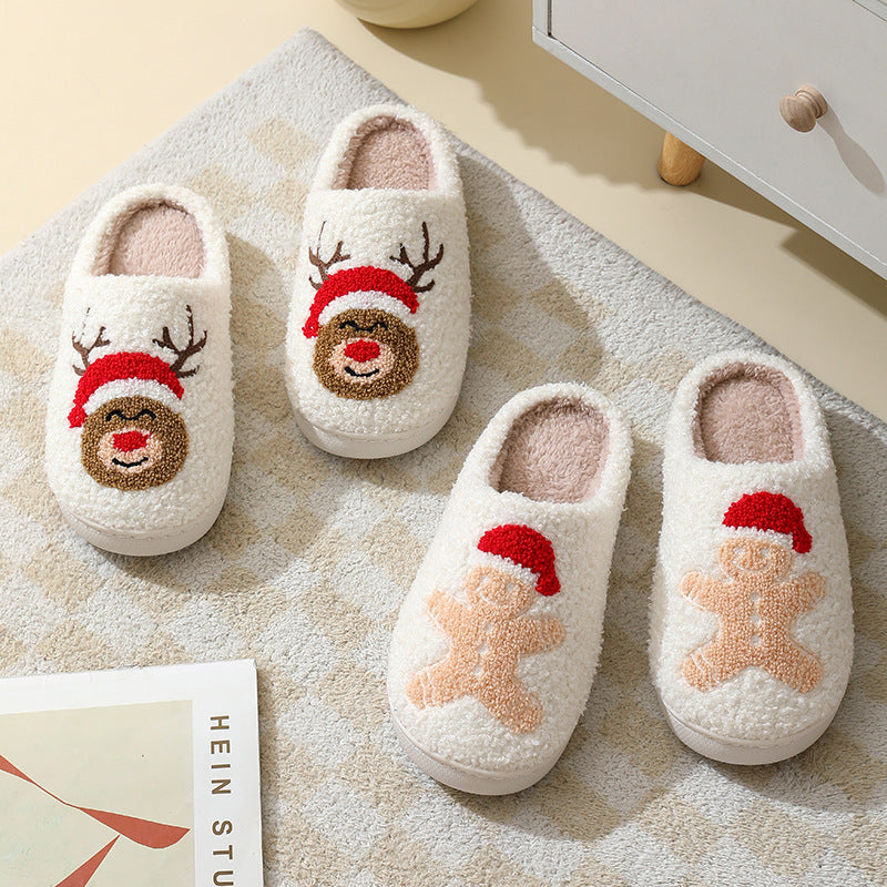 Christmas Cartoon Santa Slippers Warm Furry Cotton Slippers for Men & Women Couples Ticktives