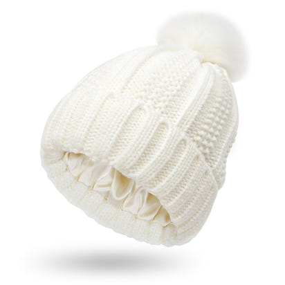 Women’s Winter Pom Beanie with Satin Lining Warm Knit Hat