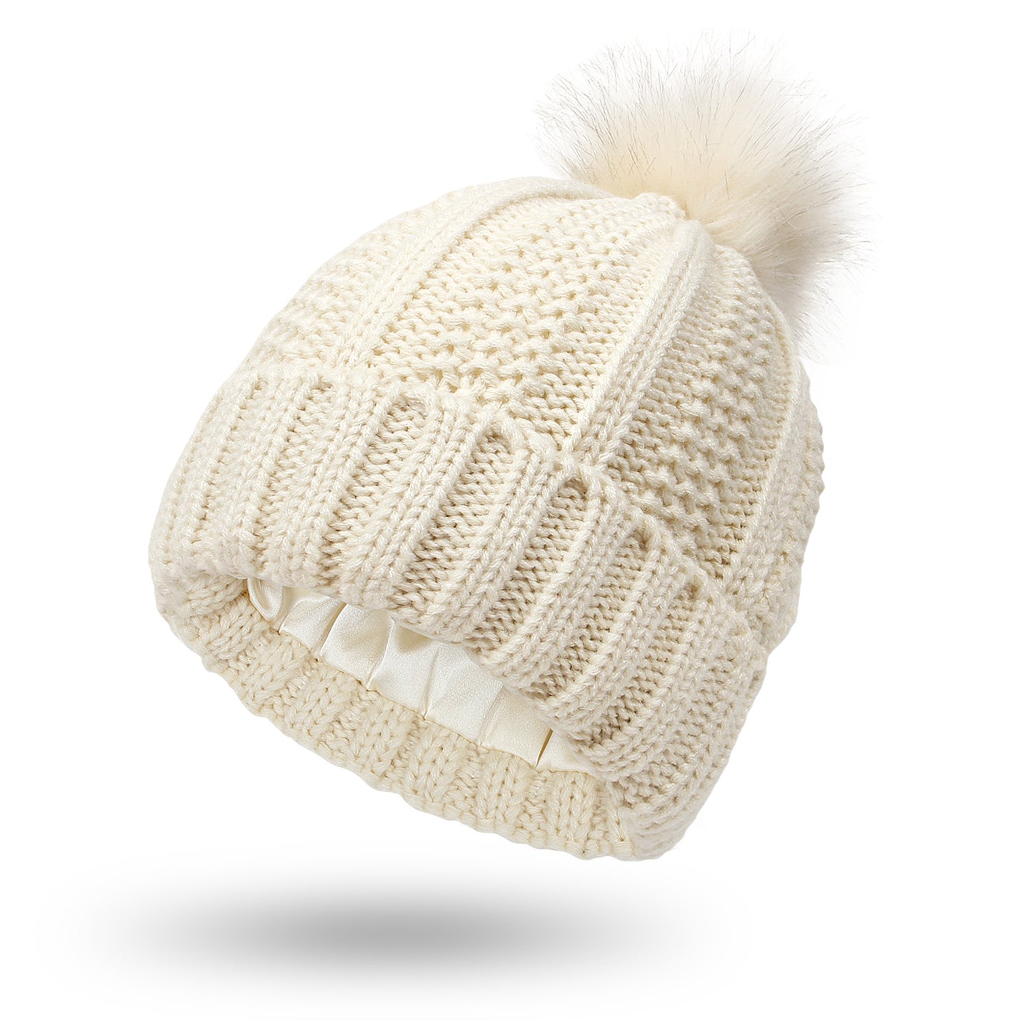 Women’s Winter Pom Beanie with Satin Lining Warm Knit Hat