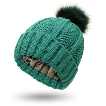Women’s Winter Pom Beanie with Satin Lining Warm Knit Hat