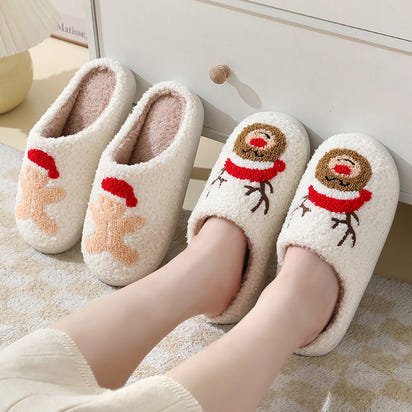 Christmas Cartoon Santa Slippers Warm Furry Cotton Slippers for Men & Women Couples Ticktives
