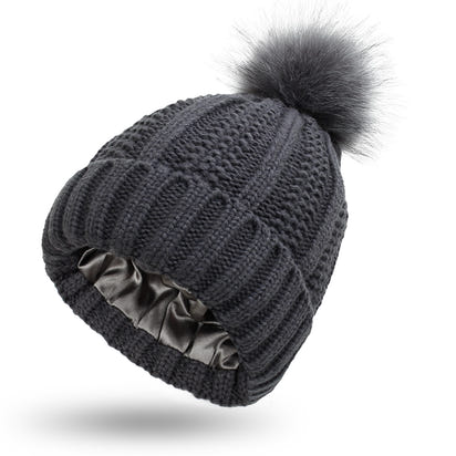 Women’s Winter Pom Beanie with Satin Lining Warm Knit Hat