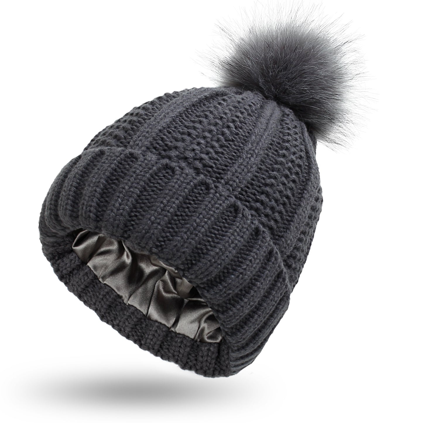 Women’s Winter Pom Beanie with Satin Lining Warm Knit Hat