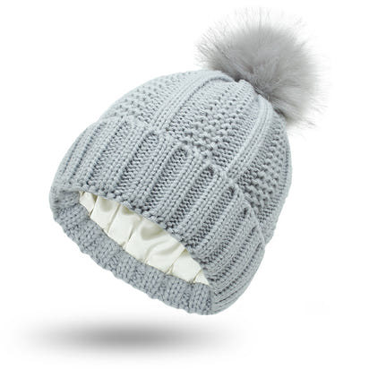 Women’s Winter Pom Beanie with Satin Lining Warm Knit Hat
