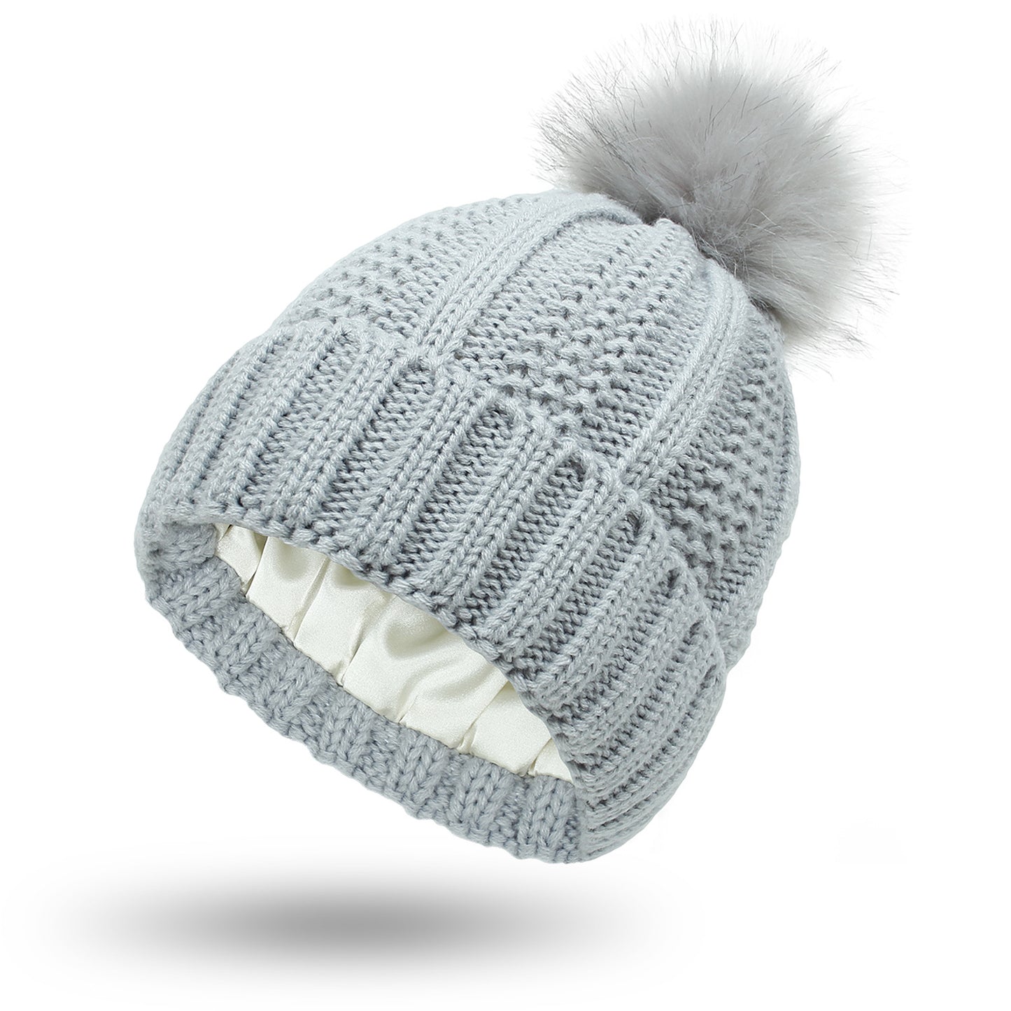 Women’s Winter Pom Beanie with Satin Lining Warm Knit Hat