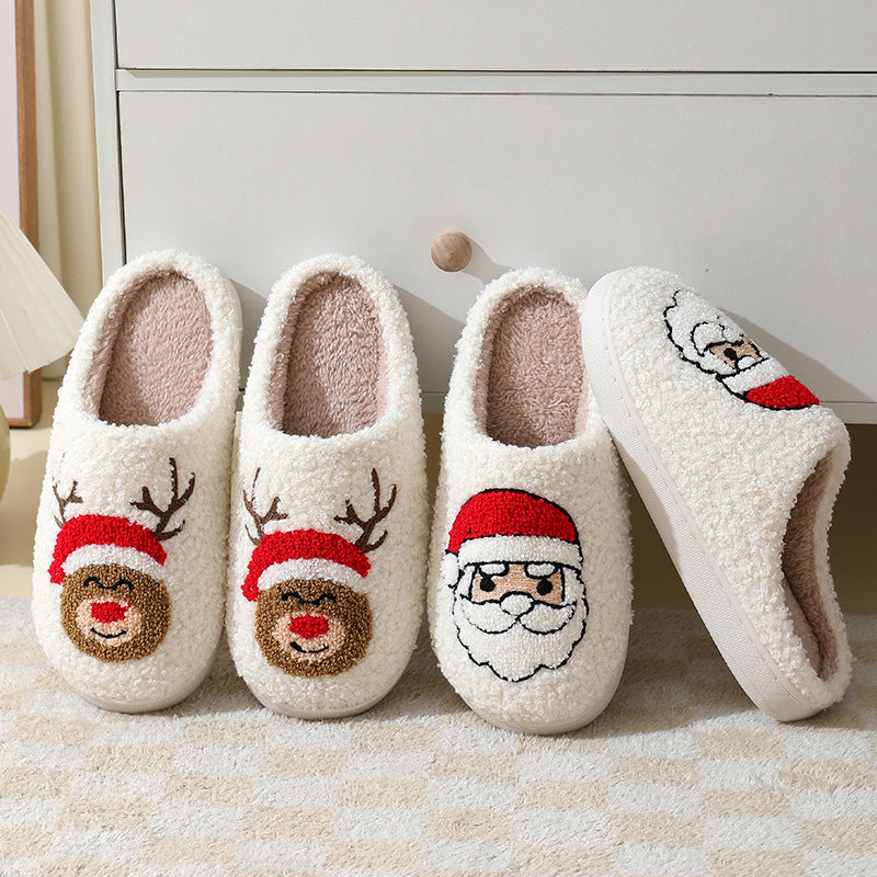Christmas Cartoon Santa Slippers Warm Furry Cotton Slippers for Men & Women Couples Ticktives