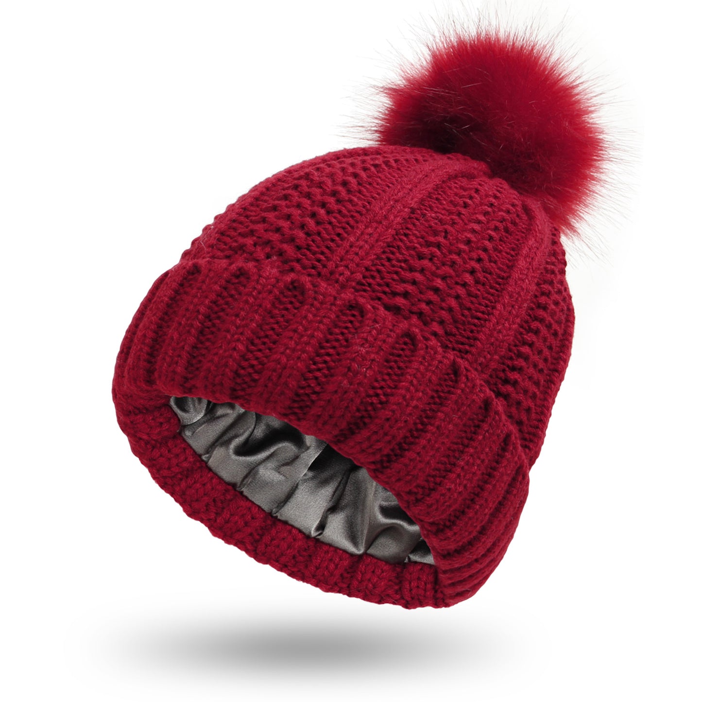 Women’s Winter Pom Beanie with Satin Lining Warm Knit Hat
