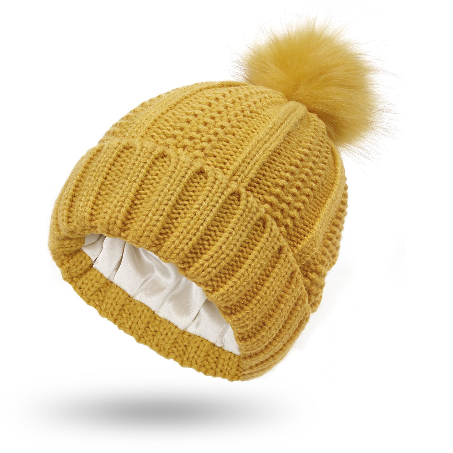Women’s Winter Pom Beanie with Satin Lining Warm Knit Hat