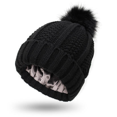 Women’s Winter Pom Beanie with Satin Lining Warm Knit Hat