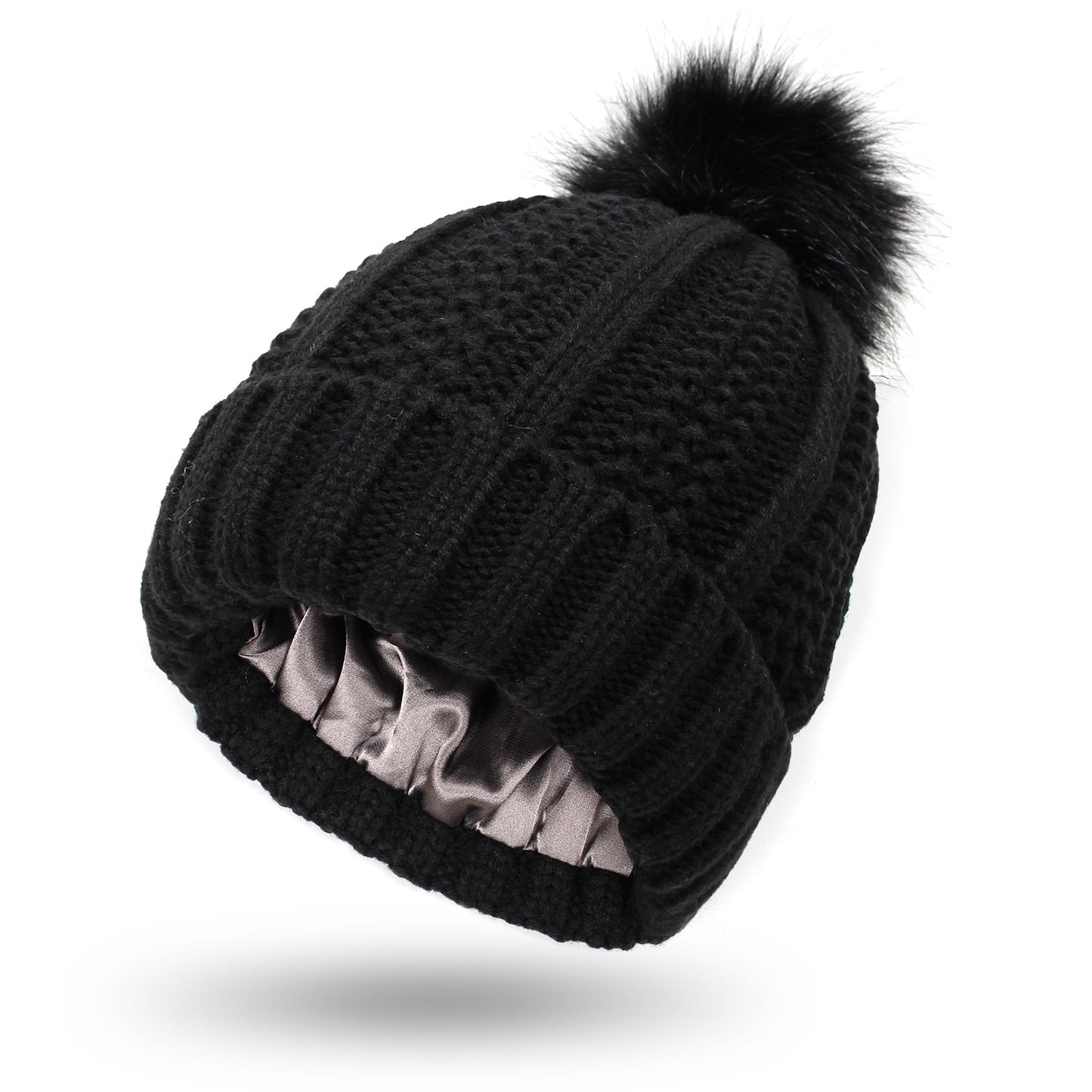 Women’s Winter Pom Beanie with Satin Lining Warm Knit Hat