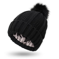 Women’s Winter Pom Beanie with Satin Lining Warm Knit Hat