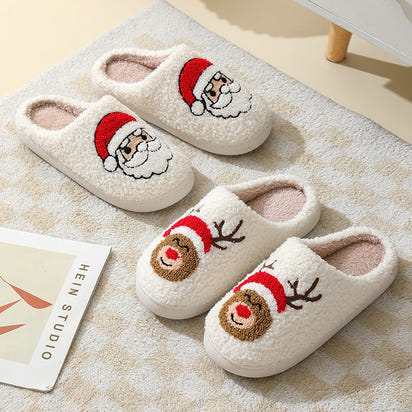 Christmas Cartoon Santa Slippers Warm Furry Cotton Slippers for Men & Women Couples Ticktives