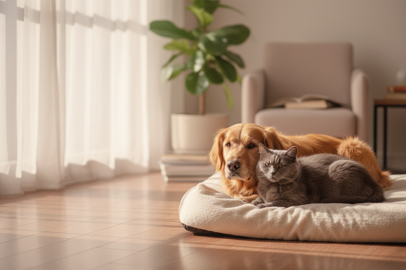 Create a realistic, softly lit hero image for a brand called “Gentle Pet Care.”
Show a calm, relaxed dog or cat (or both) lying comfortably on a soft beige or cream bed in a cozy, sunlit room.
The mood should feel warm, comforting, and serene, evoking trust and tenderness.
Use a neutral, soft color palette of cream, beige, blush, and soft gray, with gentle natural lighting and shallow depth of field.
The composition should leave ample space above or beside the pet for headline text placement.
The image shou